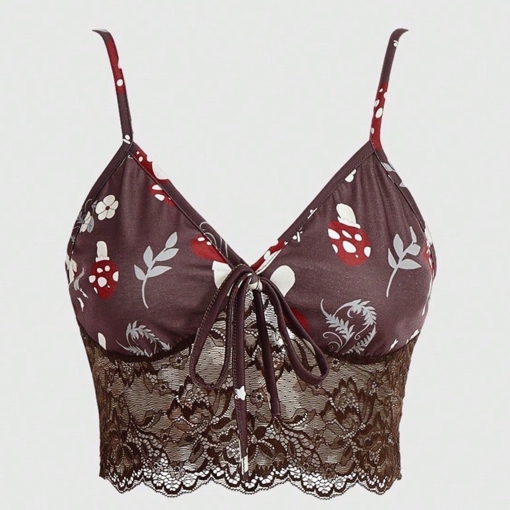 Mushroom Print Lace Trim Crop Cami Top Chocolate Brown Size M 6 Festival Grunge